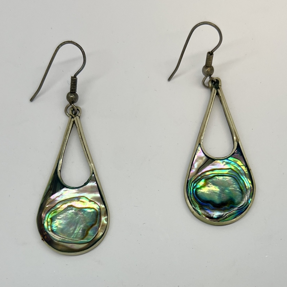 Alpaca Silver Abalone Inlay Teardrop Dangle Earrings